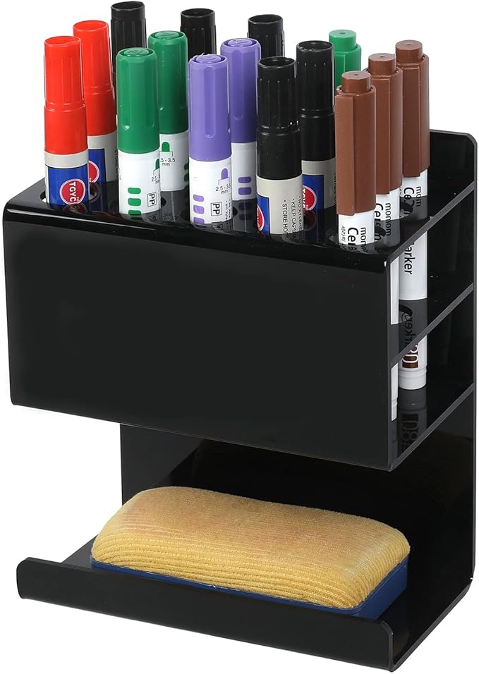 MyGift Wall Mounted Black Premium Acrylic Dry Erase Marker and Eraser Holder Rack with 15 Round Slots and Storage Ledge, Meeting Room Classroom Dorm Office or Home Whiteboard Accessory Rack-DeskLoop Office
