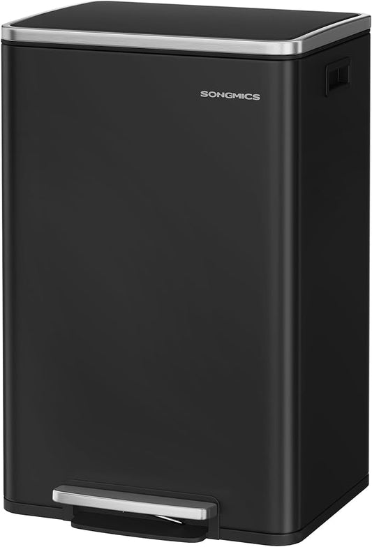 SONGMICS Trash Can, 13-Gallon Gabbage Can, with 15 Trash Bags, Steel, with Soft-Close Lid, Removable Inner Bucket, Handles, Ink Black ULTB595B01V1-DeskLoop Office