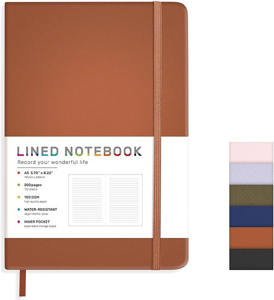 Lined Journal Notebook for Women Men, 200 Pages A5 Hardcover Leather Journals for Writing,Travel,School,Office,Work,Business,College Ruled Notebooks for Note Taking, Diary Notepad 5.7"×8.3"(Brown)-DeskLoop Office