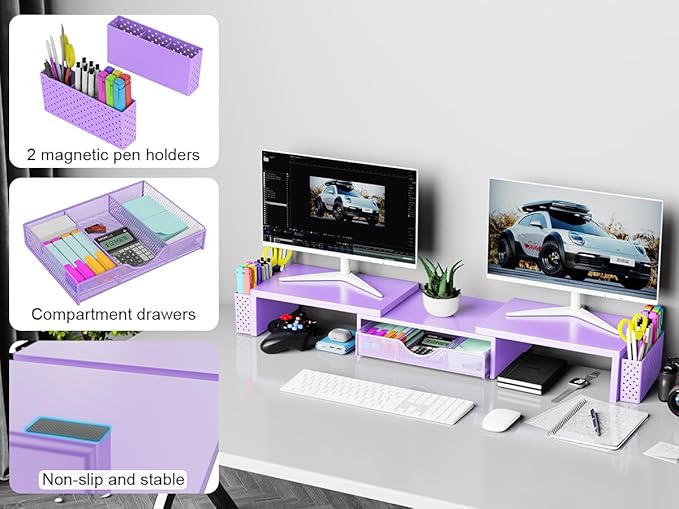 Spacrea Metal Desk Organizers and Accessories, Dual Monitor Stand Riser with Drawer and 2 Pen Holders, Desk Accessories & Workspace Desktop Organizers for Office Supplies (Purple)-DeskLoop Office