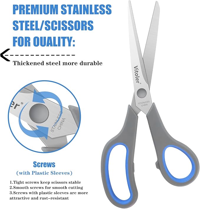 Vitoler Scissors, Heavy Duty Scissors All Purpose Bulk Set of 3-Pack,Sharp Scissor for Office School Craft Sewing Fabric, Right/Left Hand-DeskLoop Office
