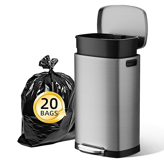 KUK 13 Gallon/50L Stainless Steel Kitchen Trash Can with Lid and Step Pedal-Large Capacity Garbage Bin with Odor Seal, Silent Close Lid, Removable Inner Bucket, Titanium Silver-DeskLoop Office