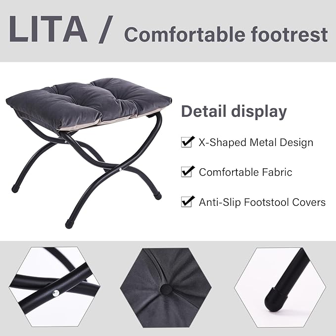 LITA Folding Upholstered Footrest Stool, Modern Small Portable Accent Ottoman with Detachable Thick Cotton Cushion Padded Sofa Stool with Metal Frame for Lazy Chair, Living Room & Bedroom, Smoky Grey-DeskLoop Office