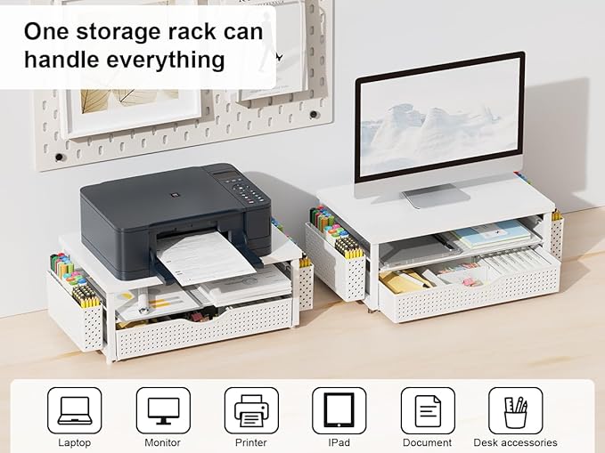 gianotter Wood Monitor Stand Riser, Office Desk Shelf Organizer, Desk Organizer with Drawer and Pen Holder, 2-Tier Computer Stand, Office Organization (Matte White)-DeskLoop Office