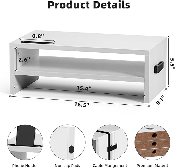 Marbrasse Monitor Stand Riser, 16.5 Inch 2 Tier Computer Printer Shelf Stand for Laptop Computer Screen Storage, Desktop Stand with Phone Holder and Cable Management (White)-DeskLoop Office