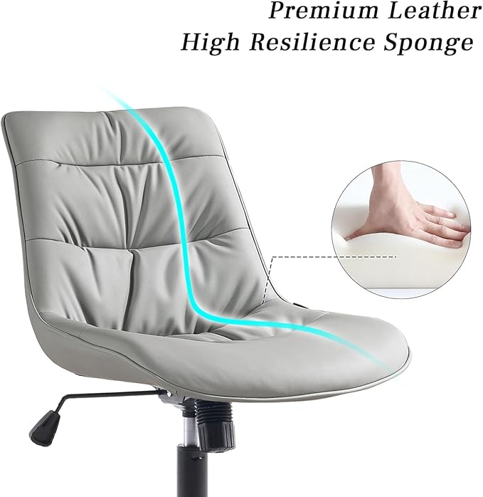 Kidol & Shellder Faux Leather Office Chair, Adjustable Swivel Height Task Chair, Rolling Wheels & Soft Backrest - Armless Ergonomic Desk Chair for Home, Office,Vanity,Gaming(Gray)