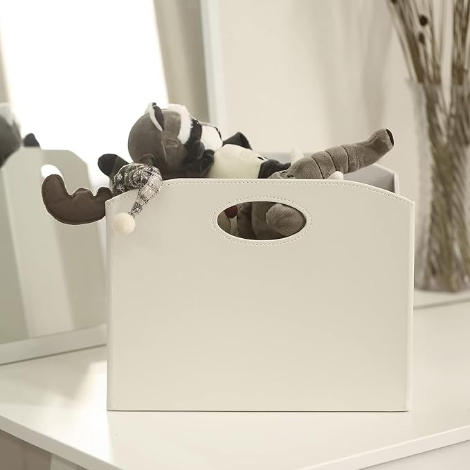 EZDeco Magazine Holder Foldable Magazine Rack Floor PU Leather File Holder Newspaper Book Storage Basket Document File Folder Organizer for Office Home (Off-white-2)-DeskLoop Office