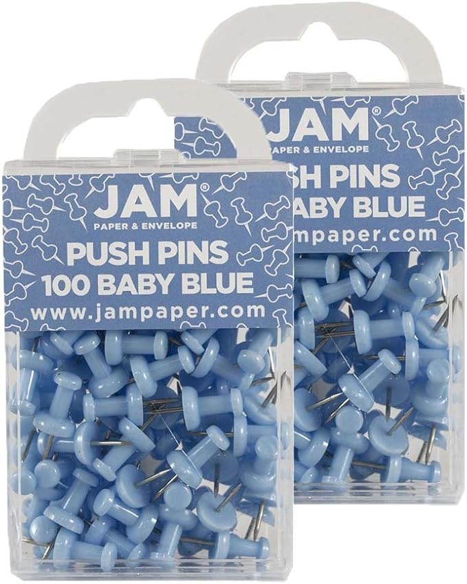 JAM PAPER Colorful Push Pins - Baby Blue Pushpins - 2 Packs of 100-DeskLoop Office