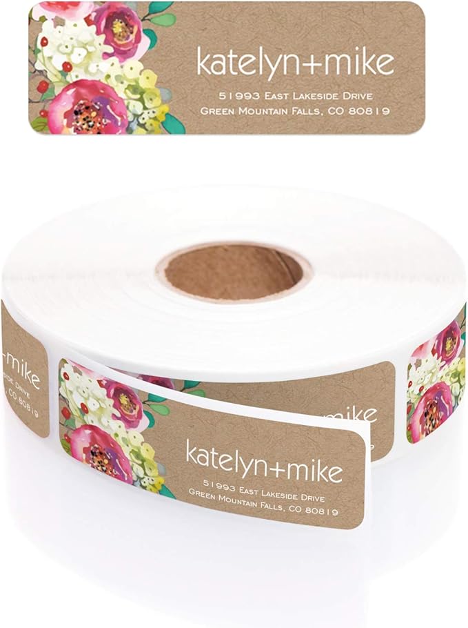 Kraft Faux Look Floral Rolled Address Labels/Roll of 500 Personalized Address Labels/Designer Return Address Stickers in Elegant Plastic Dispenser-DeskLoop Office