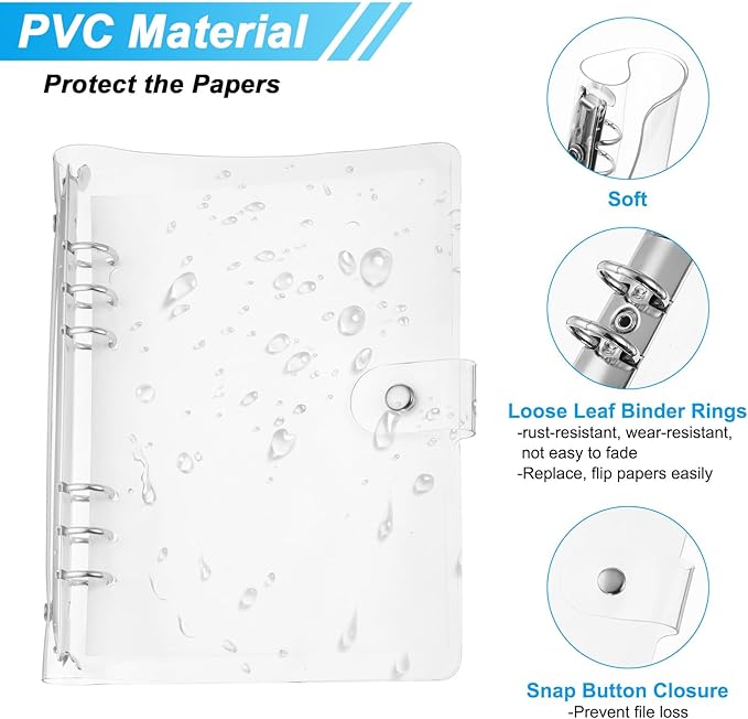 PATIKIL A5 Clear Binder Cover, 2Pcs Soft PVC Loose Leaf Binder Protector Refillable Notebook Shell with Snap Button Closure 6 Ring for DIY Meeting Notebook Folder, Silver Tone