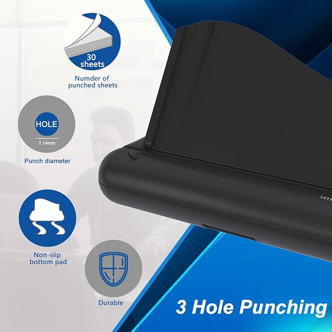 Electric 3 Hole Paper Punch, VEYETTE Heavy Duty Commercial Hole Puncher with Adapter for Office School Studio, 30 Sheet Capacity,Color Black-DeskLoop Office