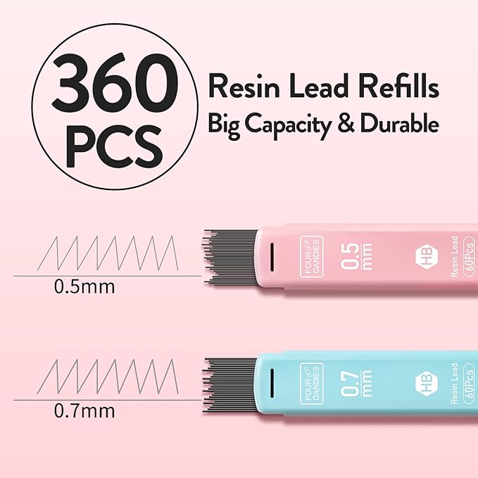 Four Candies Cute Mechanical Pencil Set, 6PCS Pastel Mechanical Pencils 0.5 & 0.7mm with 360PCS HB Leads, 3PCS Erasers and 9PCS Eraser Refills, Aesthetic School Supplies for Girls Writing-DeskLoop Office