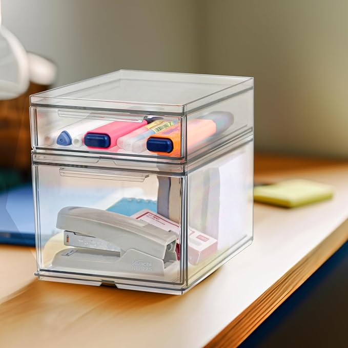 Set of 2 Stackable Storage Drawers - 6.7" Clear Plastic Drawer Storage, Acrylic Makeup Organizer, Desk Counter Cabinet Office Organizer, Bathroom Organizers and Storage (Modern/Set of 2)-DeskLoop Office
