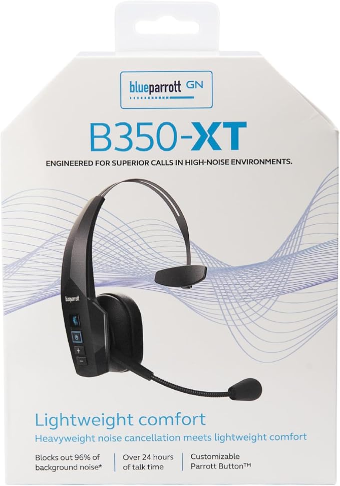 BlueParrott B350-XT Mono Bluetooth Wireless Headphones 96% Noise Canceling Over Head Trucker Headset with Mic, Adjustable Lightweight Headband, IP54-Rated Protection, 24 hrs. Talk Time, Black-DeskLoop Office