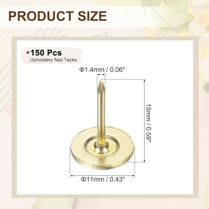 uxcell 150Pcs Upholstery Tacks, 11mmx15mm Flat Head Thumb Tack Decorative Furniture Nails Push Pins for Furniture Sofa Headboards, Gold-DeskLoop Office