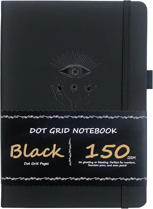 BUKE Dotted Journal - Dot Grid Notebook - 150gsm No Bleed Black Paper - 160 Black Pages - For Women and Men - A5 PU Leather Hardcover 5.75" x 8.5" and Gift Box (BKB-1)-DeskLoop Office