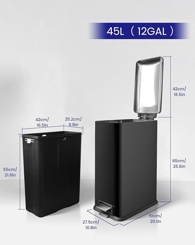 Kitchen Rubbish Bin, 45 Litre Waste Bin, Large Pedal Bin, Kitchen Rubbish Bin with Softclose Lid and Inner Bin, Slim Pedal Bin for Kitchen, Bathroom and Office, Black-DeskLoop Office