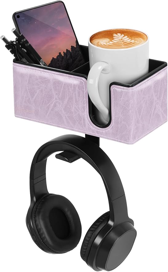 Desk Cup Holder Clip on Pen Holder Headphone Hanger Headset Stand Rotatable Clamp Hook Under Desk (Violet)-DeskLoop Office