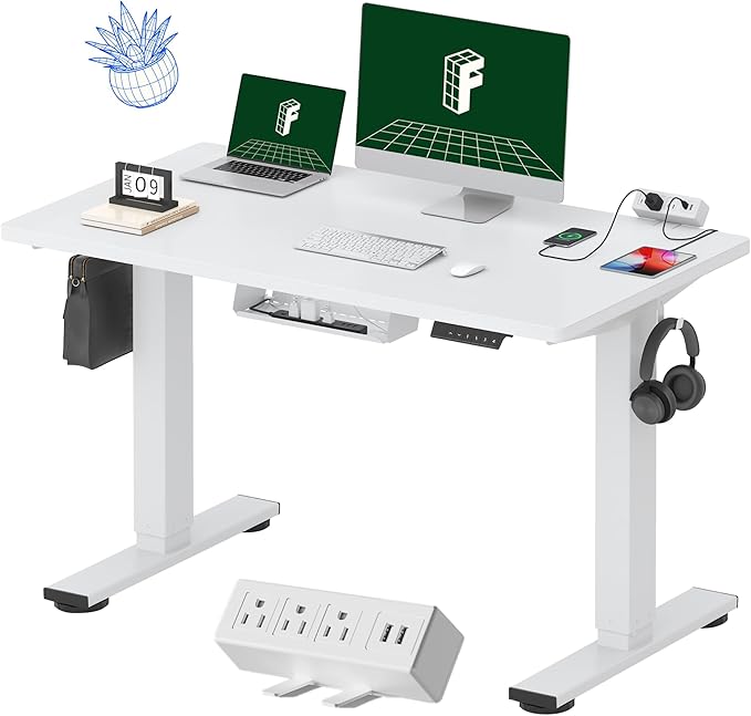 FLEXISPOT EN2 Whole-Piece Standing Desk with Clamp Power Strip, 48x24 Electric Stand Up Height Adjustable Desk with Cable Management (White Frame + 48" White Top)-DeskLoop Office