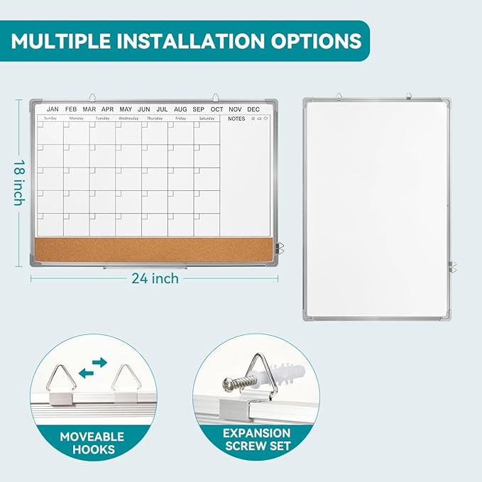 Calendar Whiteboard for Wall,24" x 18" White Board Calendar Dry Erase with Silver Aluminum Frame,Double Side Wall Hanging Board for Office,Home,Kitchen-DeskLoop Office