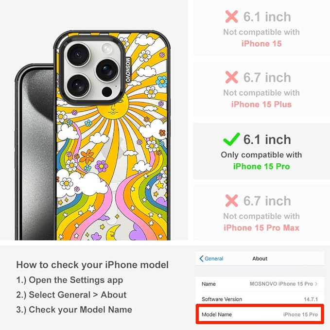 MOSNOVO Magnetic Case for iPhone 15 Pro, 10ft Military-Grade Protection, Compatible with Magsafe, Shockproof Phone Case for iPhone 15 Pro - 70's Psychedelic Groovy Art - Clear Black-DeskLoop Office