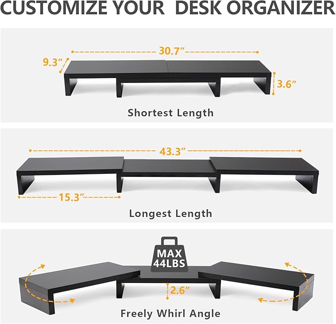 TAVR Dual Monitor Stand Riser Office Desktop Organizer Stand for 2 Monitors, Adjustable Length and Angle 3 Shelf, Extra Long Multifunctional Stand up to 43.3" fit Computer, Laptop, TV, Black-DeskLoop Office