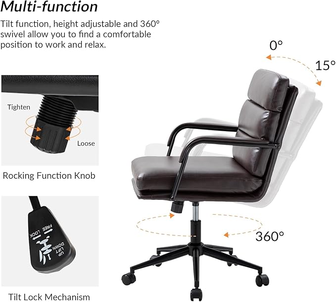 HULALA HOME Modern Faux Leather Home Office Chair with Tilt Lock & Metal Base, Desk Chair with Wheels & Padded Cushion, 360° Swivel Wide Seat Computer Task Chair, Brown-DeskLoop Office
