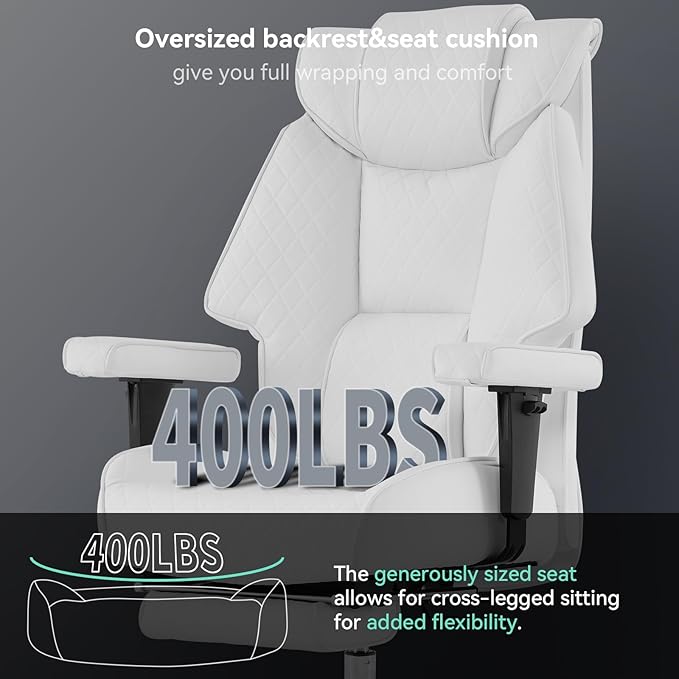 Big and Tall Office Chair with Footrest, PU Leather High Back Executive Office Chair 400lbs, Ergonomic Computer Chairs Lumbar Support for Heavy People (White)-DeskLoop Office