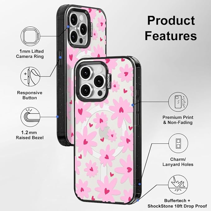 MOSNOVO Magnetic Case for iPhone 15 Pro Max, 10ft Military-Grade Protection, Compatible with Magsafe, Shockproof Phone Case for iPhone 15 Pro Max - Love in Bloom - Clear Black-DeskLoop Office
