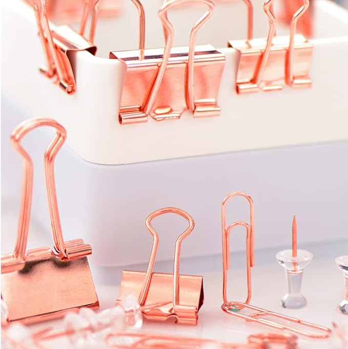 Paper Clips and Binder Clips Set, 3 Pack, 216 pcs, Metal Assorted Sized Binders with Push Pins, Cute Rose Gold Office Supplies for Desk, Desk Accessories-DeskLoop Office