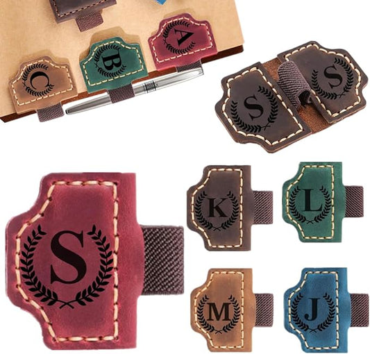 Custom Bookmark with Pen Holder with 26 Letters Personalized Magnetic Leather Book Mark, Customized Name Book Marker Clip with Initial for Men Women, Gifts for Book Lovers, Readers, (Red, S)-DeskLoop Office