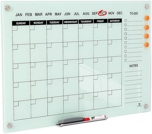 TSJ OFFICE Glass Calendar Whiteboard - 36 x 24 Inches Wall Mounted Monthly Dry Erase Calendar for Wall, Large Magnetic Glass White Board for Office, Home & School-DeskLoop Office