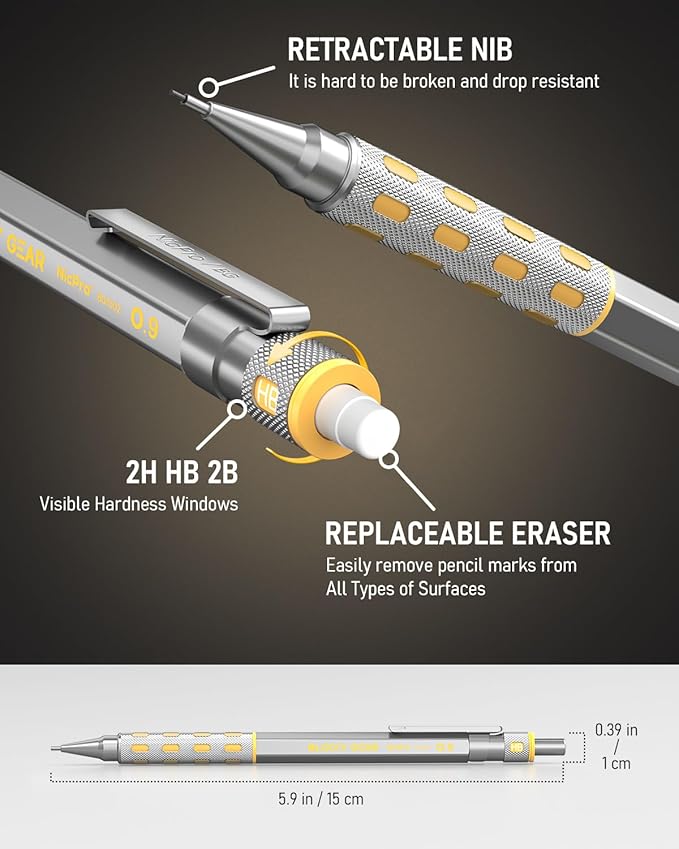 Nicpro Blocky Gear 0.9 mm Mechanical Pencils Set in Case, 3 Pack Metal Pencil 8 - Image 8