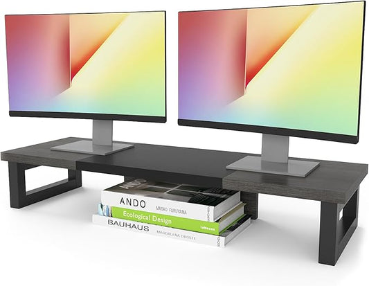 WESTREE Dual Monitor Stand Riser, Wood and Steel Monitor Stand Riser, Computer Monitor Stand for 2 Monitors, Multi-Purpose Desktop Storage Stand for Computer,Laptop,Printer,TV-DeskLoop Office