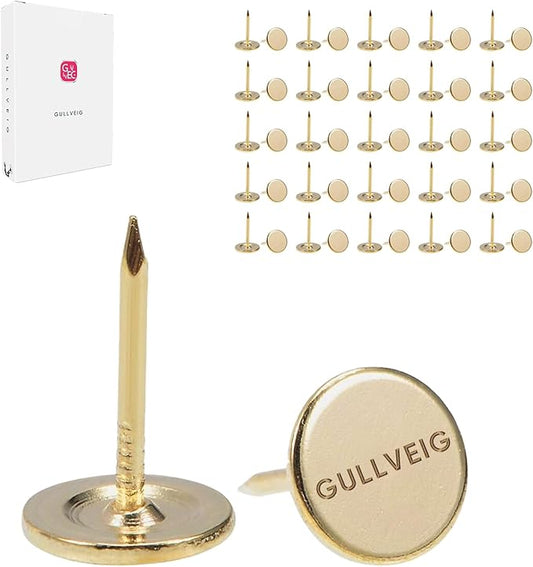 Gullveig Golden Push Pins and Thumb Tacks: Heavy Duty Flat Upholstery, Long Carpet Tacks, and Decorative Nails for Wood and Fabric, 50 Count-DeskLoop Office