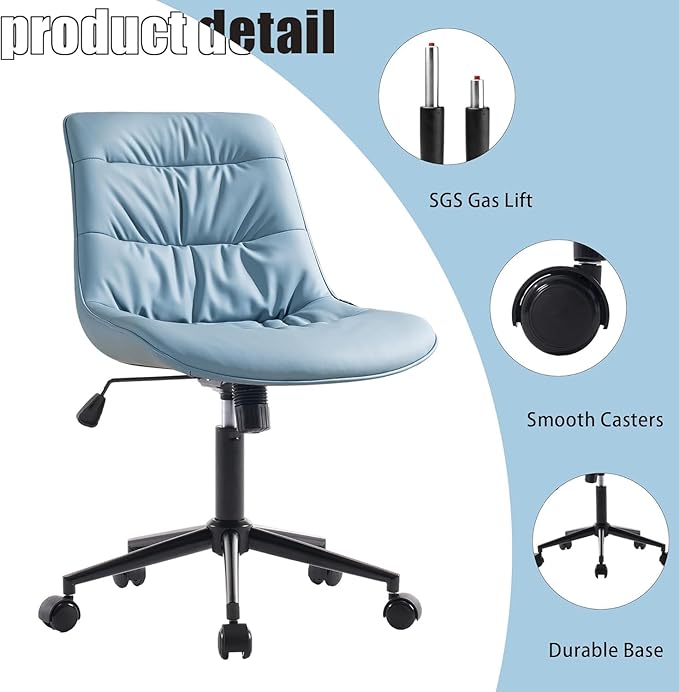 Kidol & Shellder Faux Leather Office Chair, Adjustable Swivel Height Task Chair, Rolling Wheels & Soft Backrest - Armless Ergonomic Desk Chair for Home, Office,Vanity,Gaming(Blue)-DeskLoop Office
