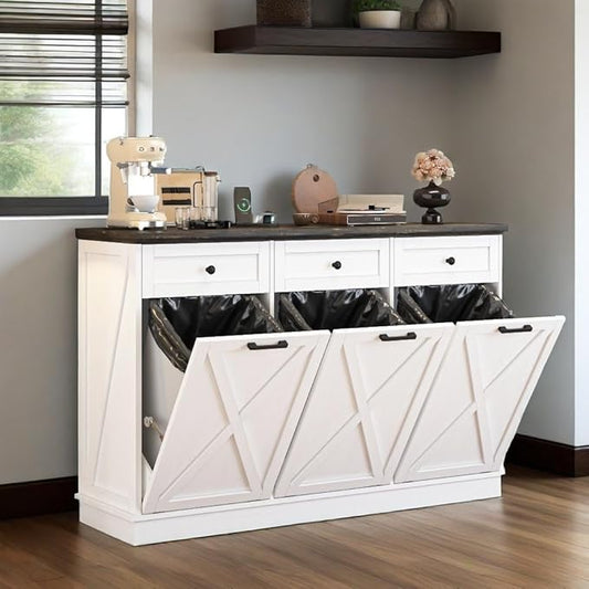 Farmhouse Tilt Out Trash Cabinet, Triple 13 Gallon Wooden Kitchen Trash Can Cabinet with Hideaway Drawer, Freestanding Garbage Recycling Cabinets, Pet Proof, Power Outlets, 59 Inch, White-DeskLoop Office