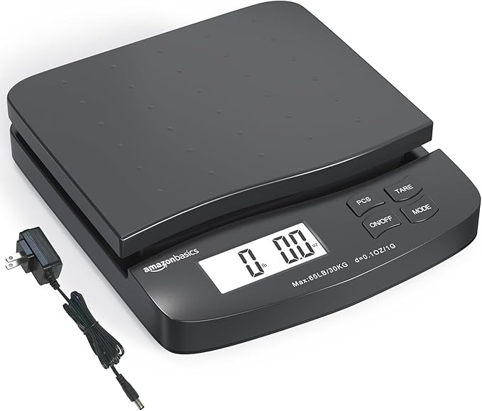 Amazon Basics Digital Postal Scale, AC Adapter, 65 lb Capacity, 0.1 oz Readability, Black-DeskLoop Office