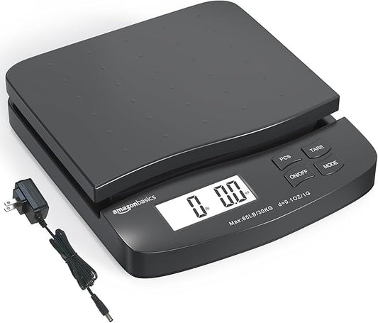 Amazon Basics Digital Postal Scale, AC Adapter, 65 lb Capacity, 0.1 oz Readability, Black-DeskLoop Office