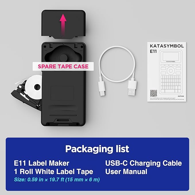 SUPVAN E11 Bluetooth Label Maker Machine with Tape, Support Keyboard & App with 40 Fonts and 450+ Icons, Rechargeable Inkless Labeler for Home, Kitchen, Office, School, Organization, Black-DeskLoop Office