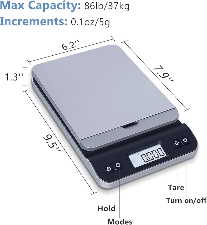 QP Shipping Scale, 86lb/0.1oz High Accuracy Digital Postal Scale for Packages, Hold/Tare Function, Backlit LCD Display, Flip-up Holder, Postage Scale, Mail Scale, Battery & Tape Measure Included-DeskLoop Office