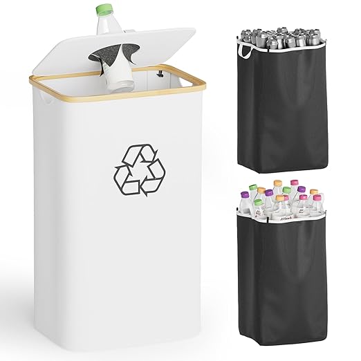SpaceAid Recycling Bin for Kitchen 26 Gallon, 100L Recycle Bin with Lid and 2 Reusable Inner Bags, for Bottle Can Glass Plastic Stickers, White-DeskLoop Office