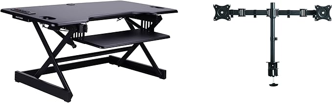 Rocelco 46" Height Adjustable Standing Desk Converter with AC USB Charger and Double Monitor Mount Arm - Sit Stand Up Triple Screen Riser Workstation - Keyboard Tray - Black (R DADRB-46-ACUSB-DM2)-DeskLoop Office