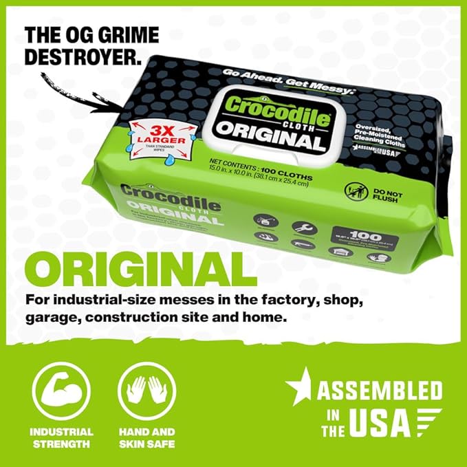 Crocodile Cloth Original Cleaning Wipes – 100 (15” x 10”) Hand & Tool Industrial Cleaning Wipes – Large Multi-Surface Cleaning Cloths, Water-Based Solution with Extreme Cleaning Power — Safe on Skin-DeskLoop Office