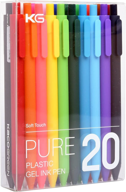 Kaco PURE Colored Gel Pens 0.5mm 20 Pieces Set Colorful Multi-color Ink Fine Point Comfort Grip Quick Drying Pens for Journaling Note Taking-DeskLoop Office