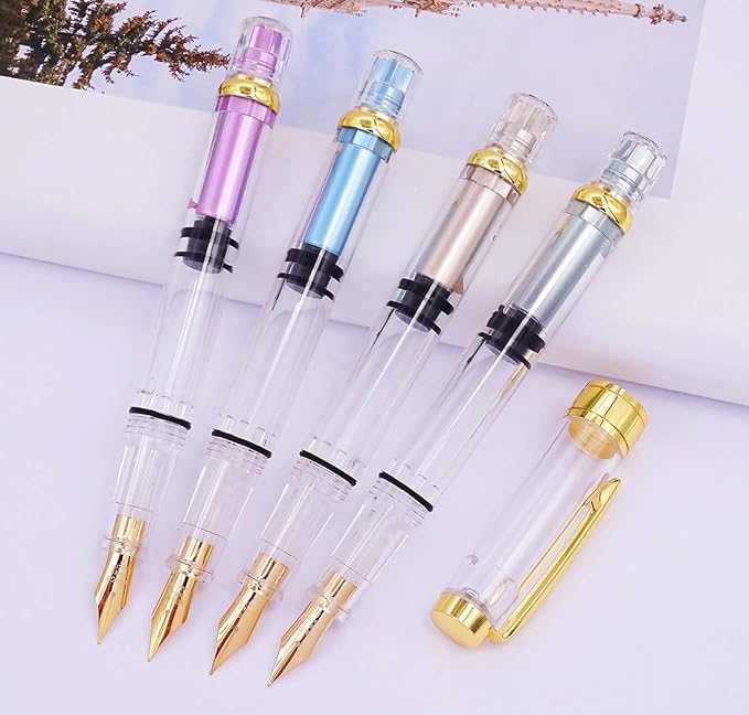 Lanxivi 4 Colors Yongsheng 3008A Fountain Pen Piston Filling Upgraded Fine Nib,Transparent Gold Trim-DeskLoop Office