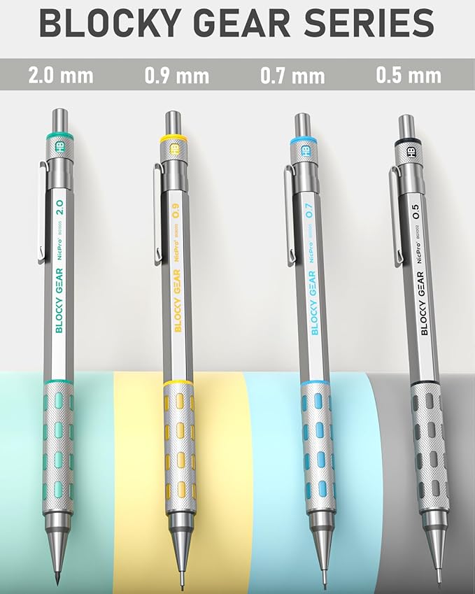 Nicpro Blocky Gear Metal Mechanical Pencil Set with Leather Case, 40PCS Art Drafting Pencil 0.5, 0.7, 0.9 & 2mm Lead Pencil with 352PCS (HB 2H 4H 2B 4B 6B Color) Lead Refills for Sketching Drawing-DeskLoop Office