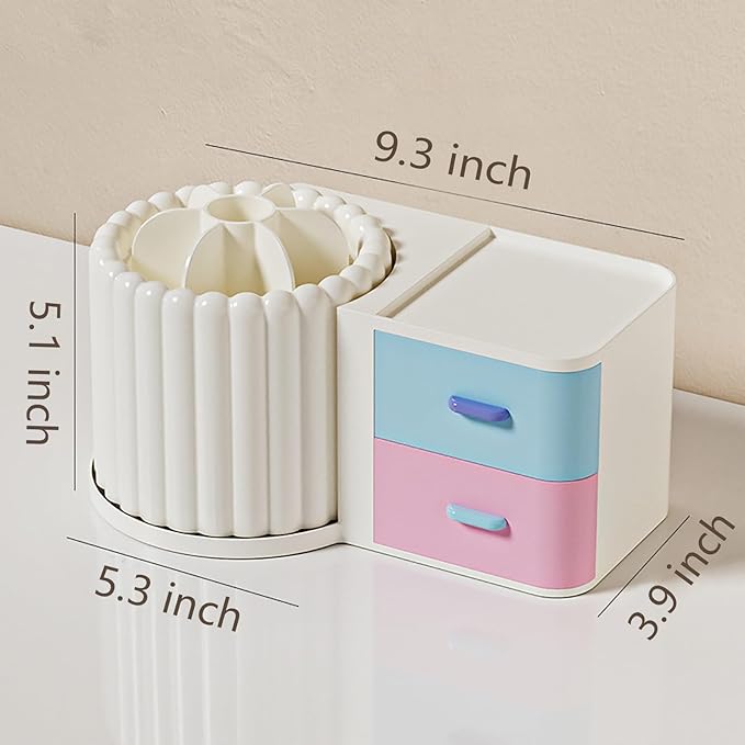 Anyoifax 360 Rotating Makeup Brush Holder 7 Slots Makeup Organizer with Drawer Removable Spinning Cosmetic Storage Pen Holder for Vanity, Dresser, Desk, Colorful-DeskLoop Office