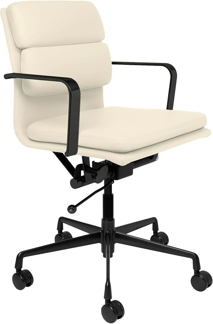 Laura Davidson Furniture SOHO II Padded Management Office Chair - Mid Back Desk Chair with Arm Rest, Swivel & Cushion Availability, Made of Faux Leather, Sand with Black Frame, Computer Chair-DeskLoop Office