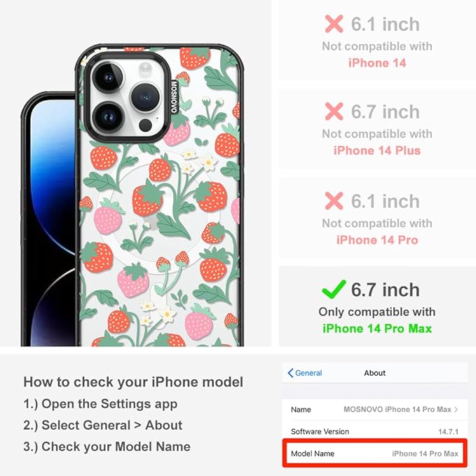 MOSNOVO Magnetic Case for iPhone 14 Pro Max, 10ft Military-Grade Protection, Compatible with Magsafe, Shockproof Phone Case for iPhone 14 Pro Max - Strawberry Garden - Clear Black-DeskLoop Office